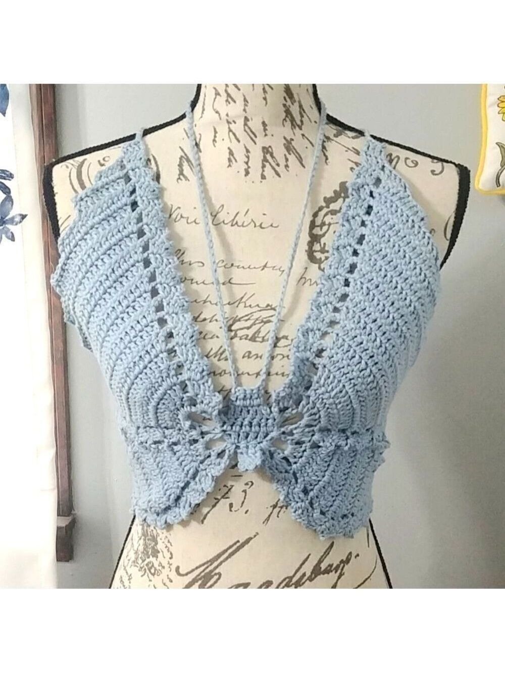 Handmade Crocheted Butterfly Festival Top 100% Cotton Light Blue 34B/6